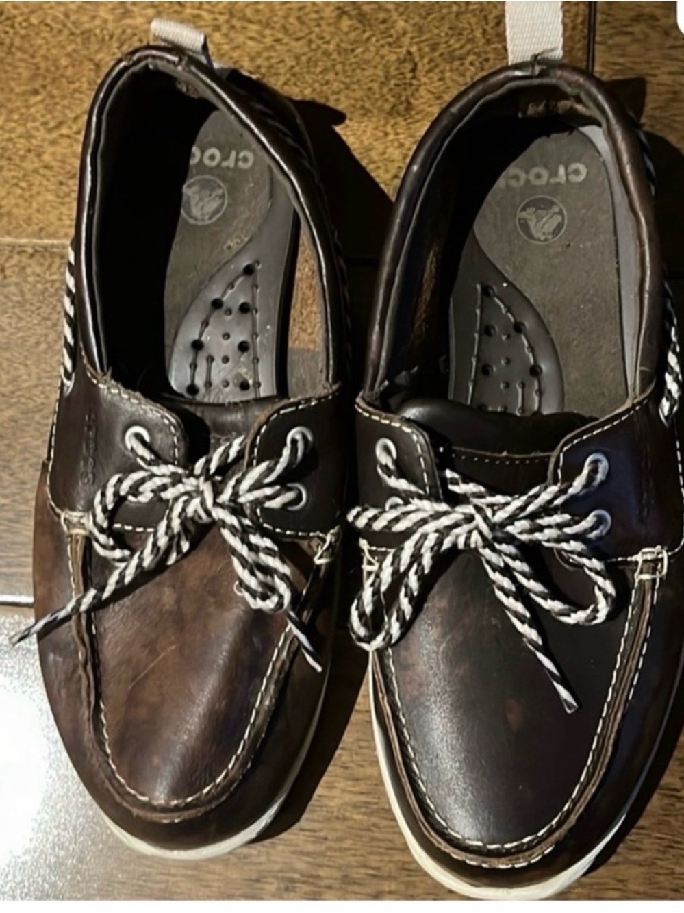 CROCS Brown Leather Boat Shoes with Black & White Laces